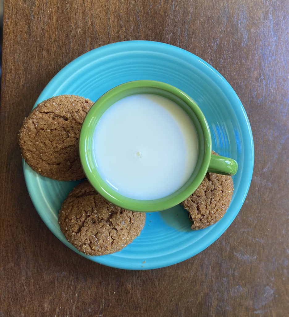 plate with mug of milk and ginger snaps viewed from above