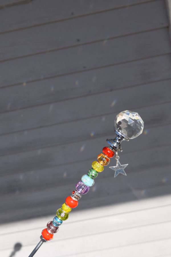 beaded fairy wand with clear crystal top and rainbow beads