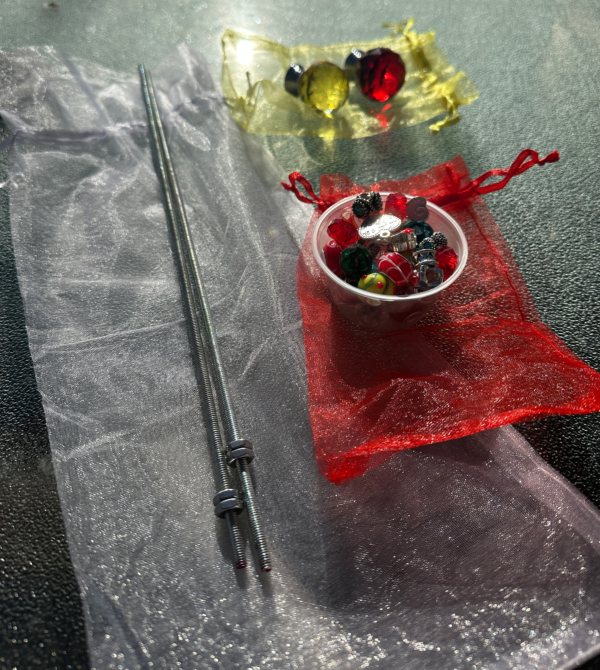 fairy wand kit including 3 organza bags, 2 wands, 1 cup of beads, 2 glass crystal toppers